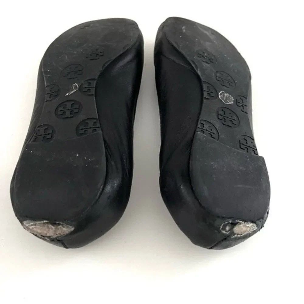 Tory Burch Black Reva Ballet Flat with Gold Emblem, Size 7
